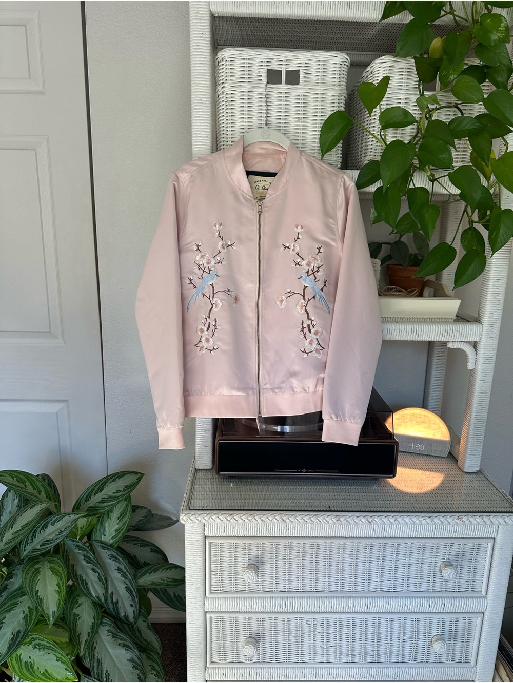 Blush Pink Satin Embroidered Bird Blossom Bomber Jacket